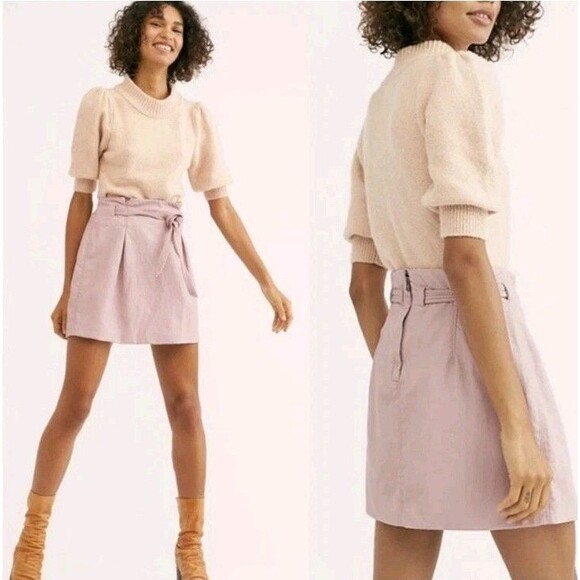 Free People Payton Paperbag Mini Pink Skirt Faux Leather Size 10 - Picture 1 of 8